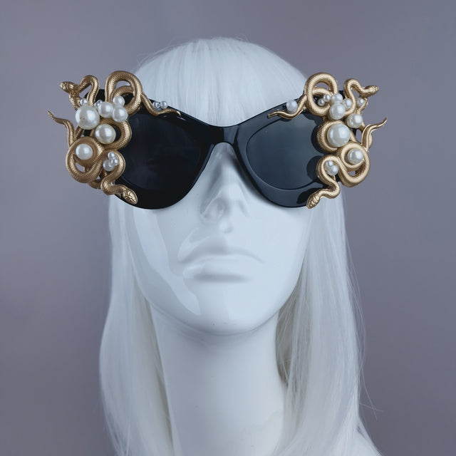 "Medusa" Gold & Pearl Snake Black Sunglasses