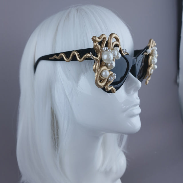 "Medusa" Gold & Pearl Snake Black Sunglasses