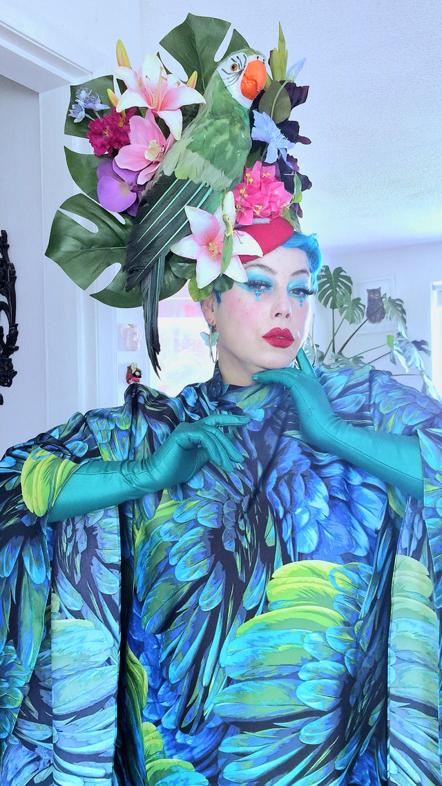 "Isla" Colourful Parrot, Flower & Tropical Leaf Fascinator Hat