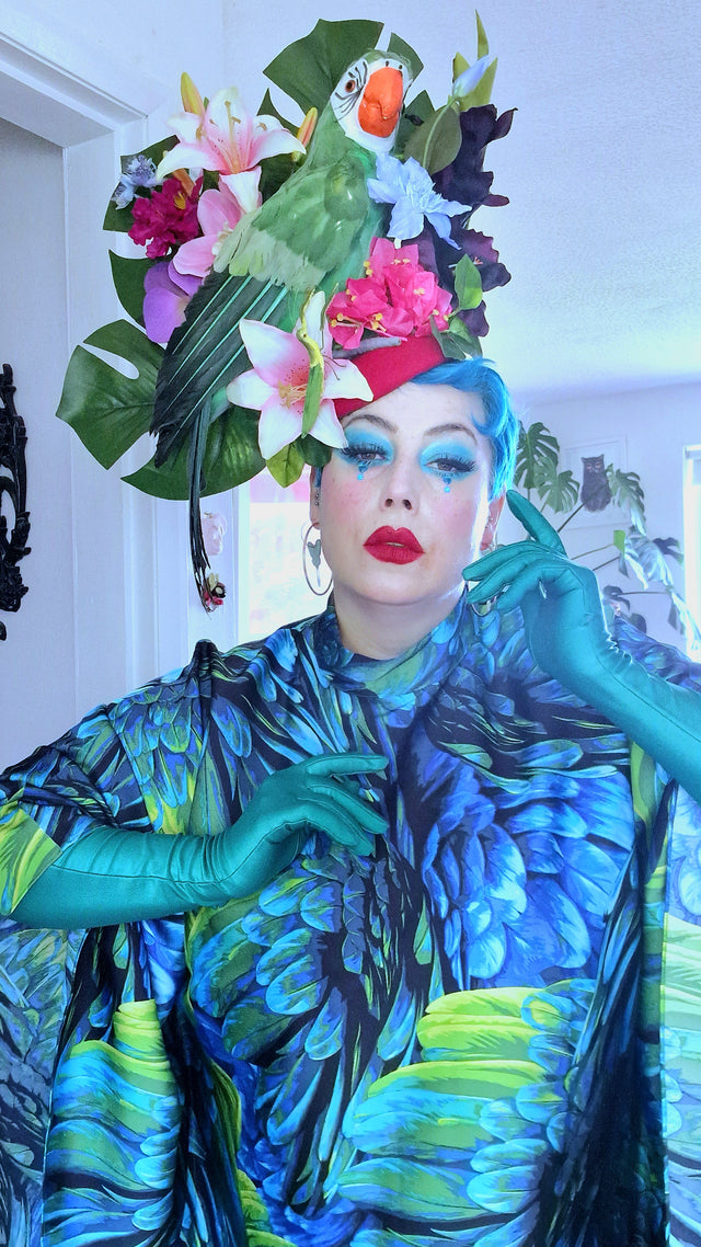 "Isla" Colourful Parrot, Flower & Tropical Leaf Fascinator Hat