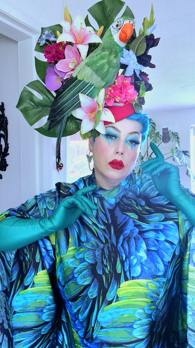 "Isla" Colourful Parrot, Flower & Tropical Leaf Fascinator Hat