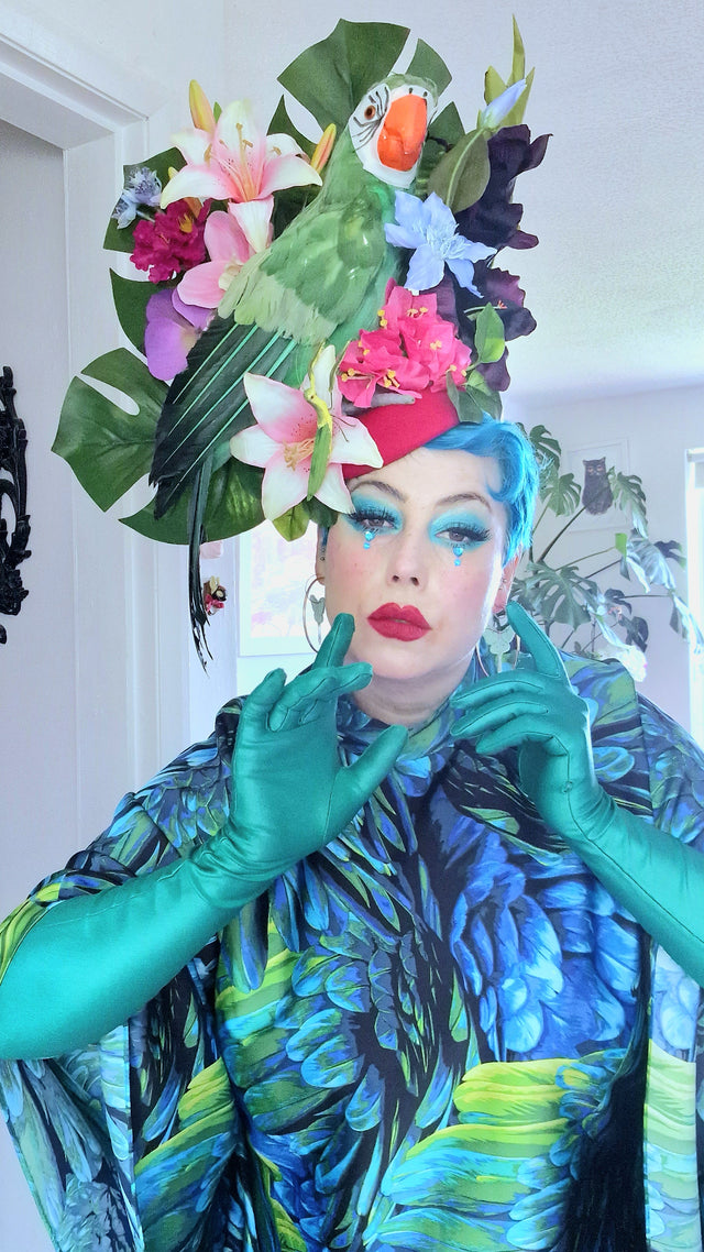 "Isla" Colourful Parrot, Flower & Tropical Leaf Fascinator Hat