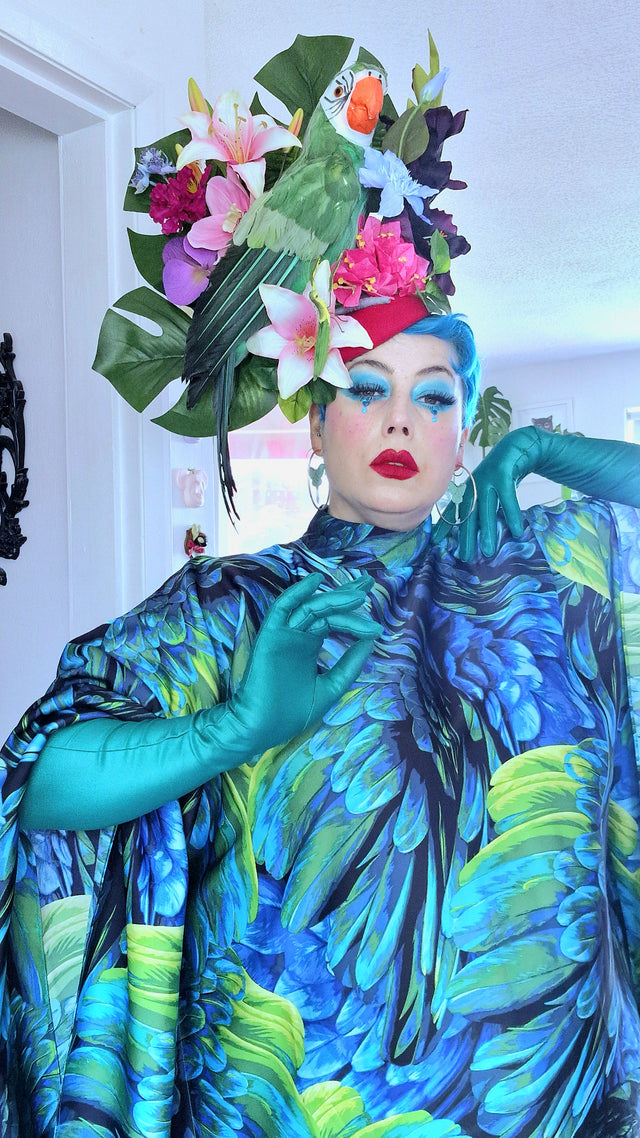 "Isla" Colourful Parrot, Flower & Tropical Leaf Fascinator Hat