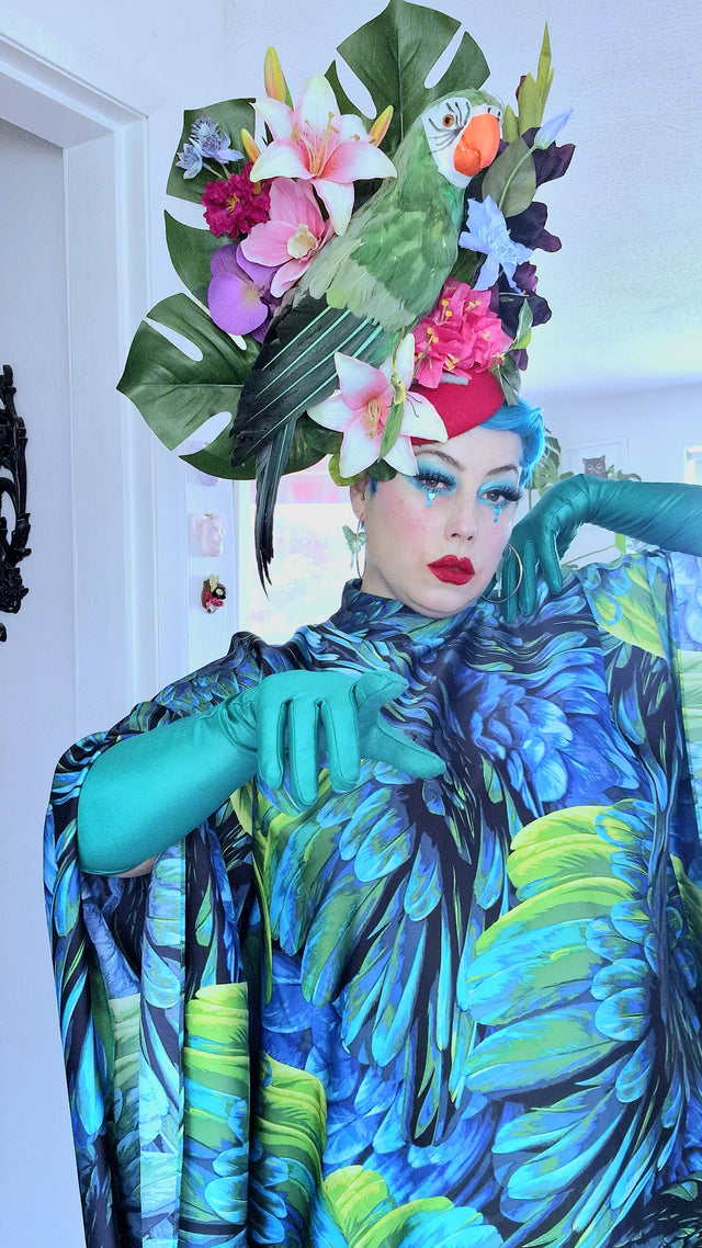 "Isla" Colourful Parrot, Flower & Tropical Leaf Fascinator Hat