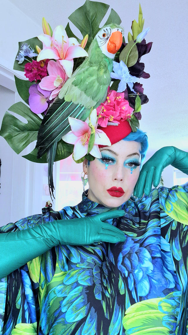 "Isla" Colourful Parrot, Flower & Tropical Leaf Fascinator Hat