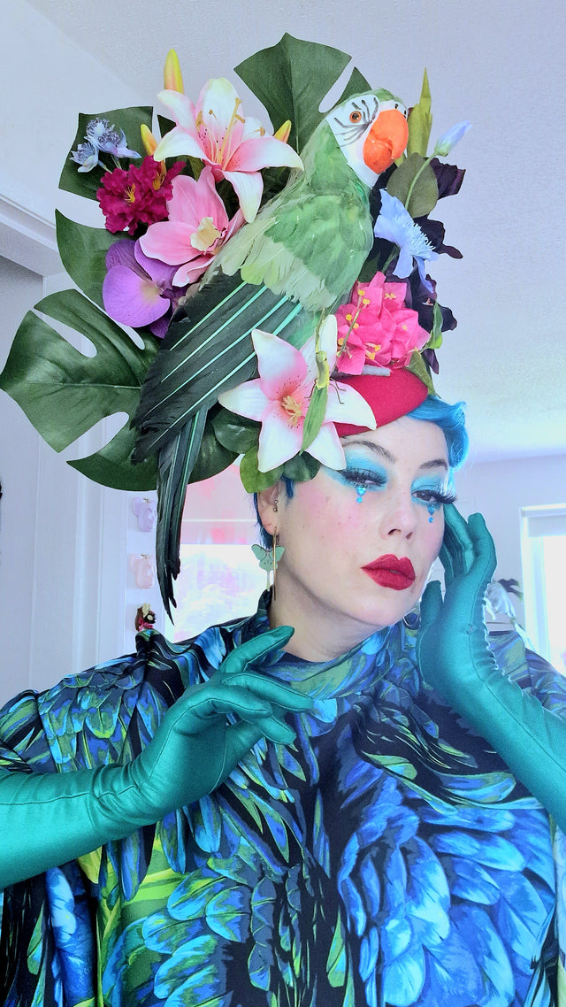 "Isla" Colourful Parrot, Flower & Tropical Leaf Fascinator Hat