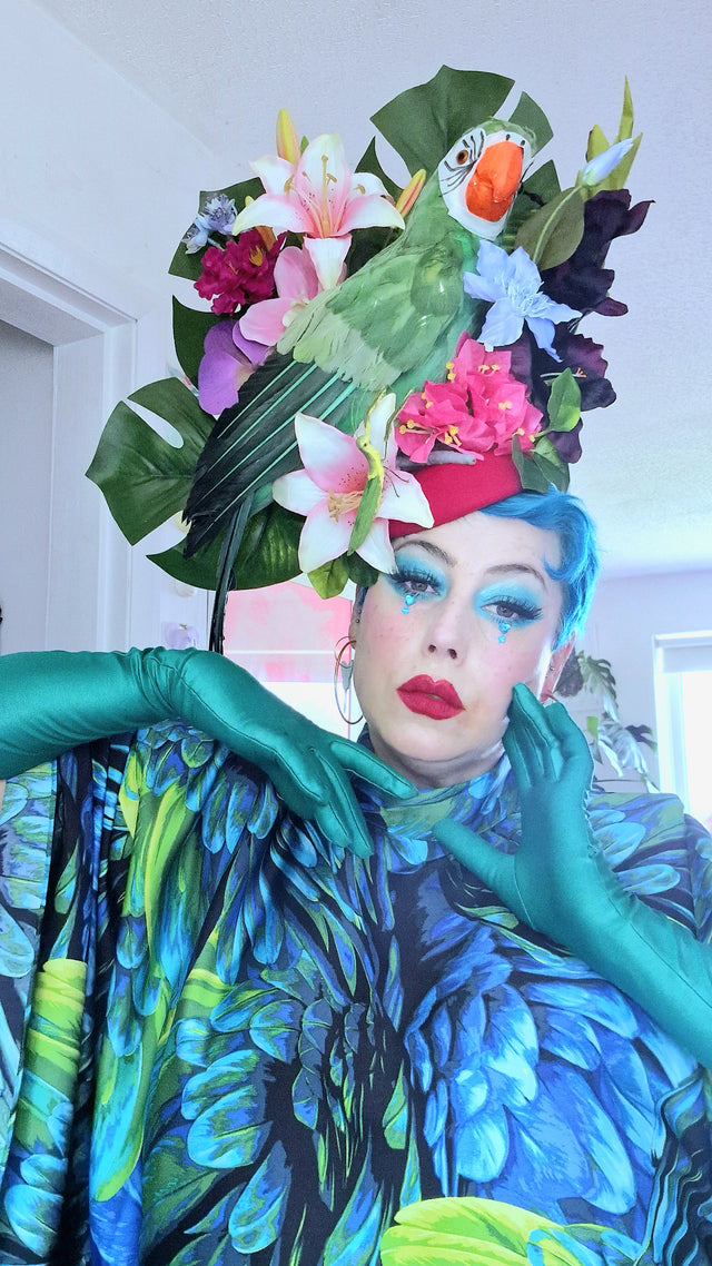 "Isla" Colourful Parrot, Flower & Tropical Leaf Fascinator Hat