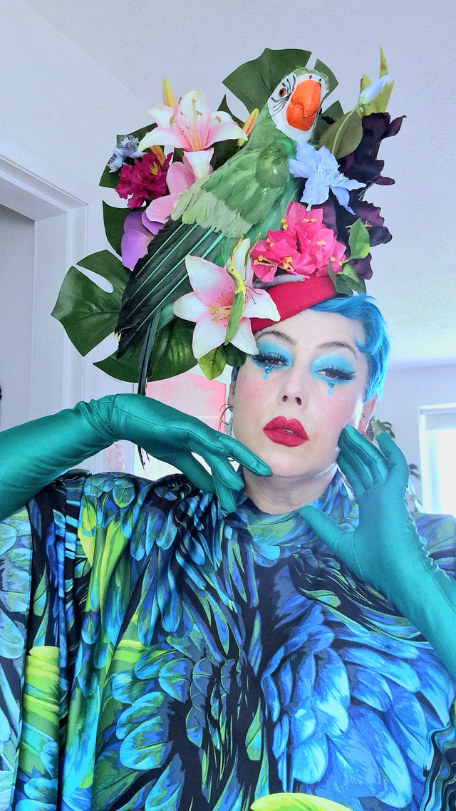 "Isla" Colourful Parrot, Flower & Tropical Leaf Fascinator Hat