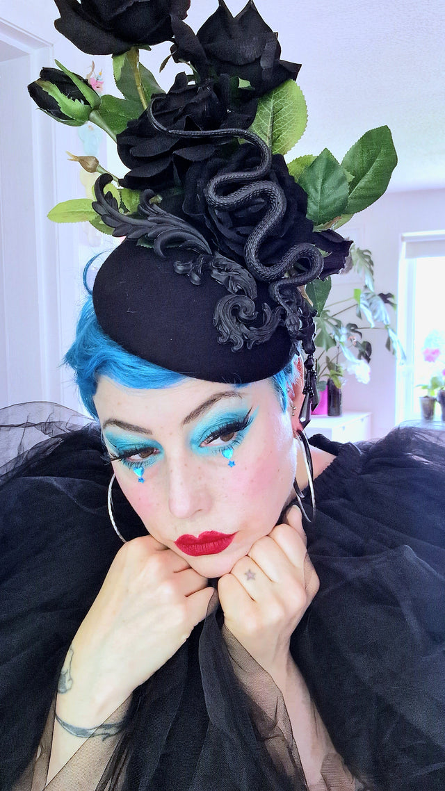 "Asura" Black Roses, Snake & Filigree Fascinator Hat