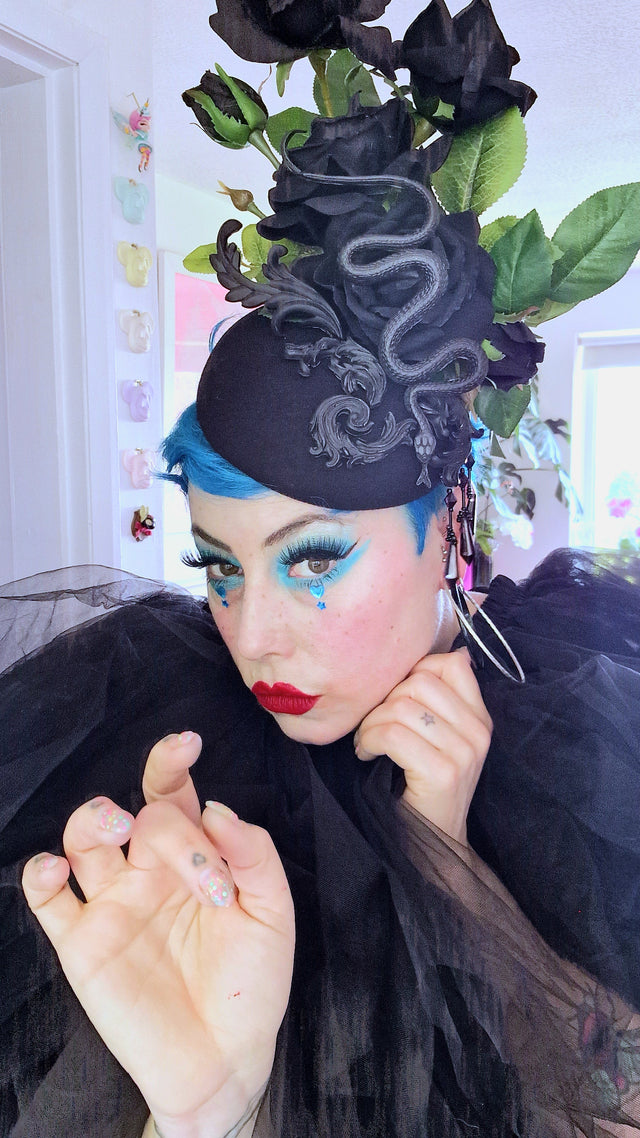 "Asura" Black Roses, Snake & Filigree Fascinator Hat
