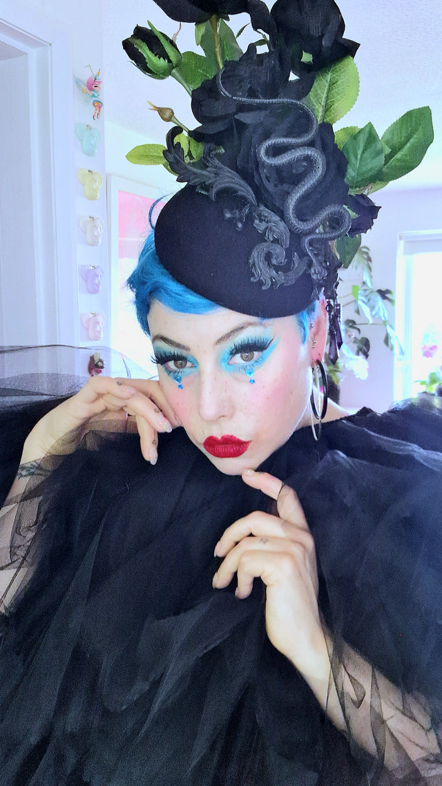 "Asura" Black Roses, Snake & Filigree Fascinator Hat