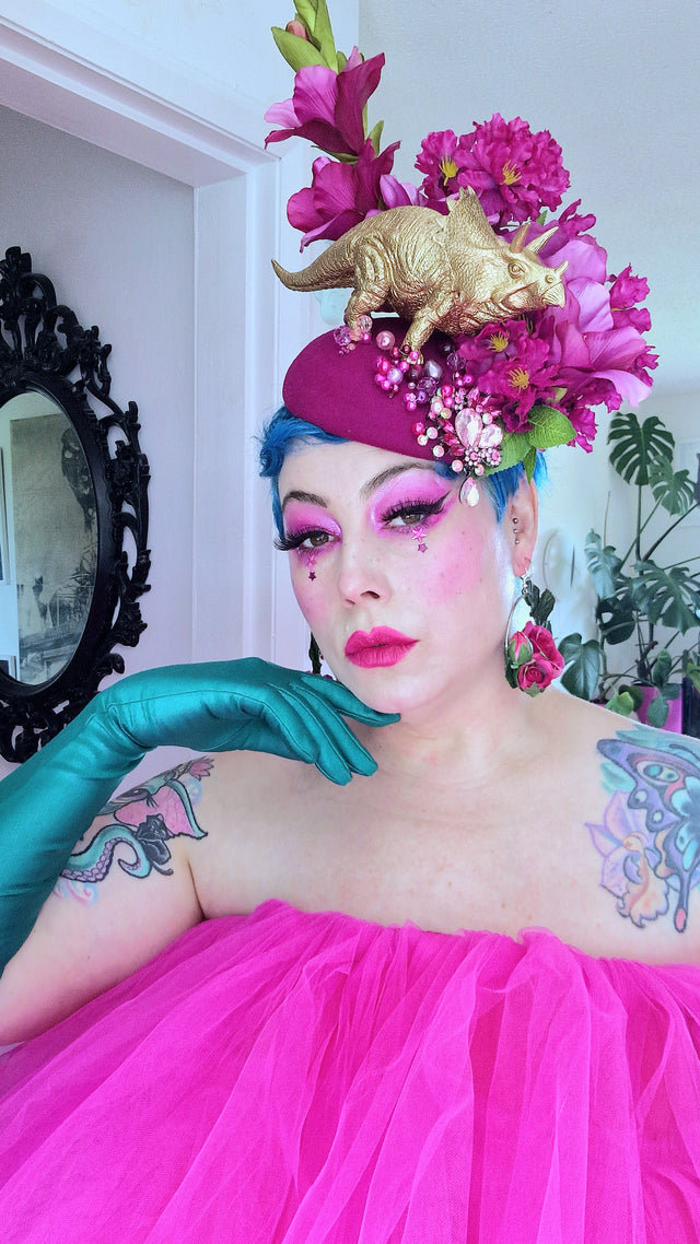 "Trinny" Gold Dinosaur, Pink Flowers & Beads Fascinator Hat