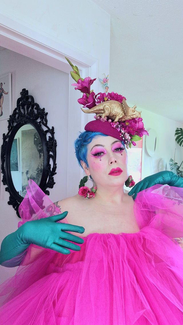 "Trinny" Gold Dinosaur, Pink Flowers & Beads Fascinator Hat