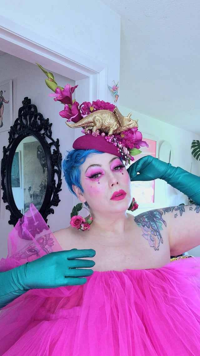 "Trinny" Gold Dinosaur, Pink Flowers & Beads Fascinator Hat