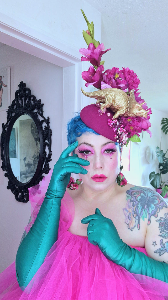 "Trinny" Gold Dinosaur, Pink Flowers & Beads Fascinator Hat