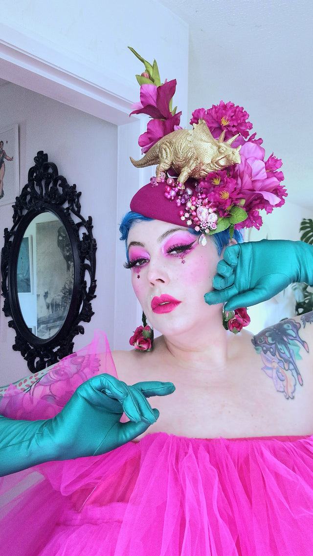 "Trinny" Gold Dinosaur, Pink Flowers & Beads Fascinator Hat