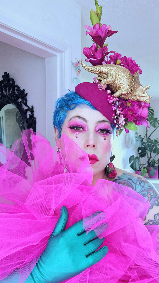 "Trinny" Gold Dinosaur, Pink Flowers & Beads Fascinator Hat