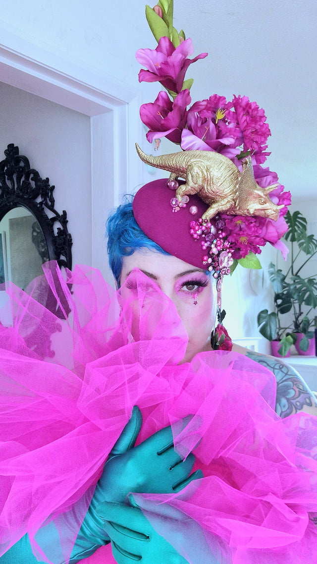 "Trinny" Gold Dinosaur, Pink Flowers & Beads Fascinator Hat