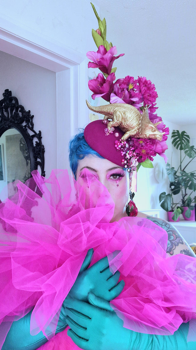 "Trinny" Gold Dinosaur, Pink Flowers & Beads Fascinator Hat