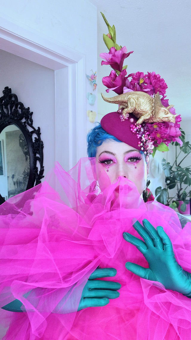 "Trinny" Gold Dinosaur, Pink Flowers & Beads Fascinator Hat