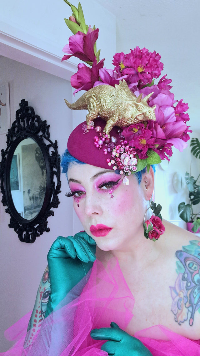"Trinny" Gold Dinosaur, Pink Flowers & Beads Fascinator Hat