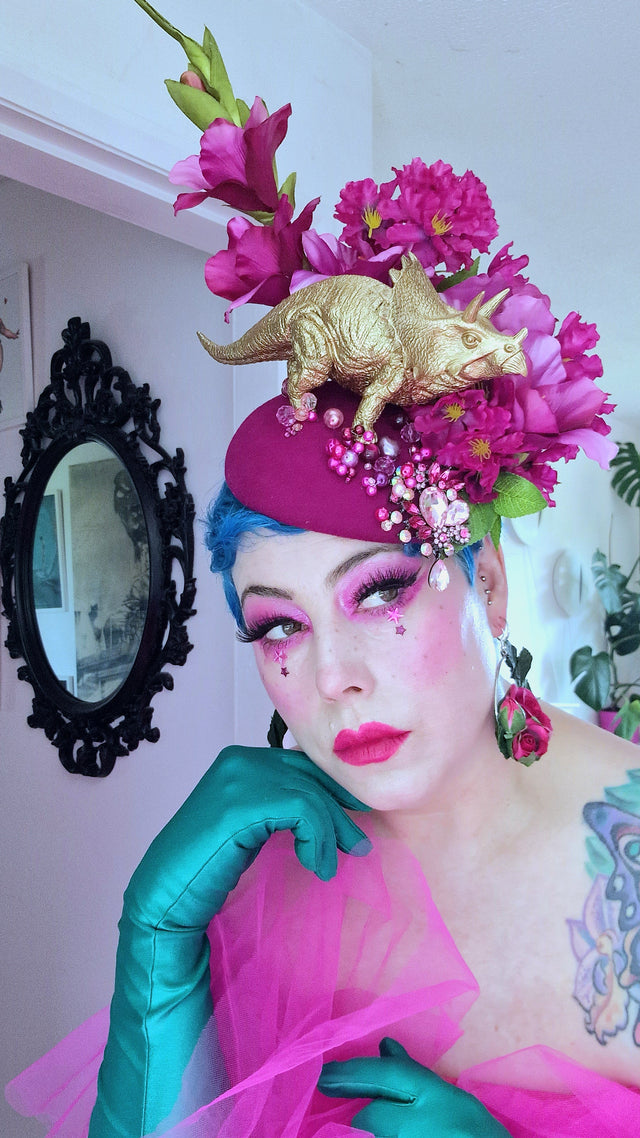 "Trinny" Gold Dinosaur, Pink Flowers & Beads Fascinator Hat
