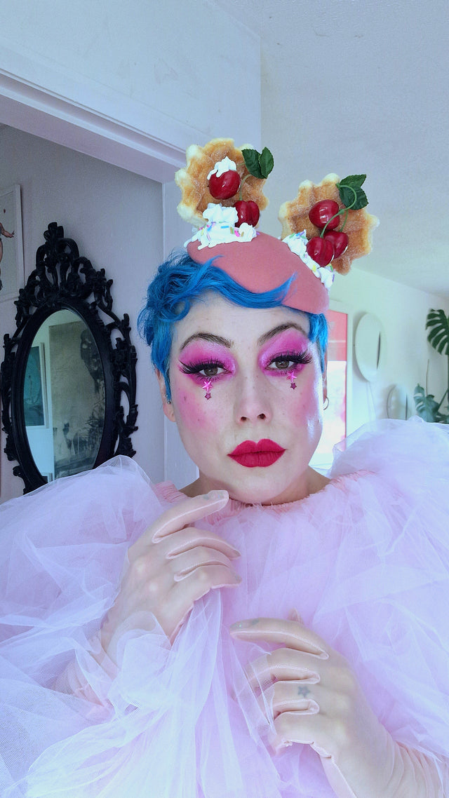 "Mon Vilain" Cherries & Cream Waffle Ear Food Fascinator Hat