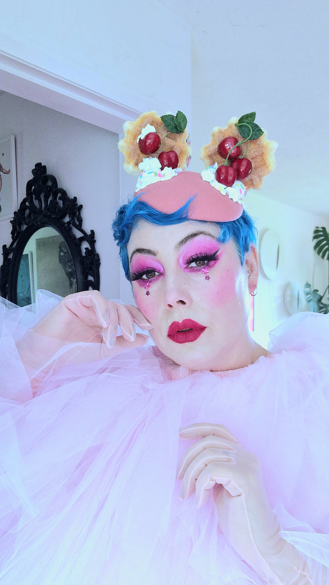 "Mon Vilain" Cherries & Cream Waffle Ear Food Fascinator Hat
