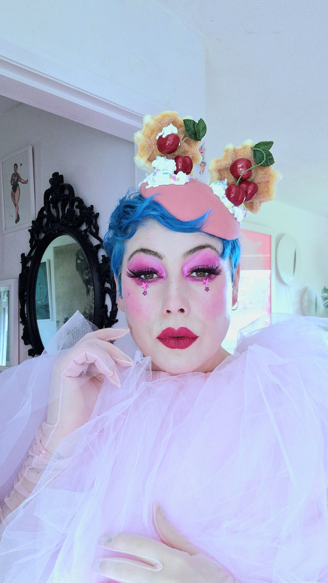 "Mon Vilain" Cherries & Cream Waffle Ear Food Fascinator Hat