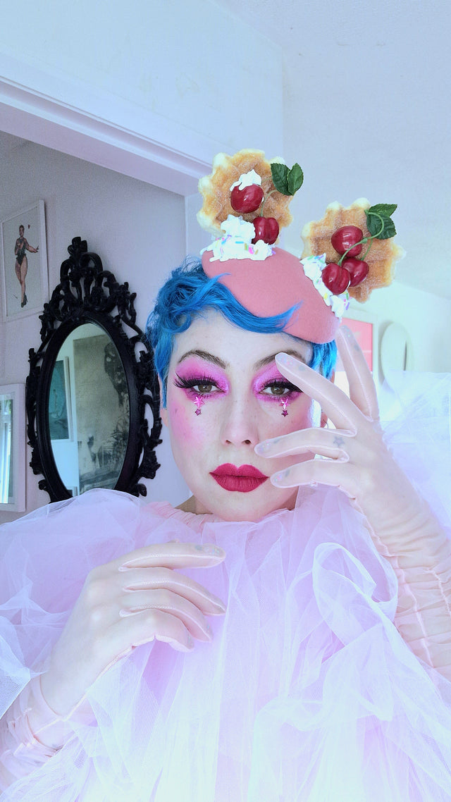 "Mon Vilain" Cherries & Cream Waffle Ear Food Fascinator Hat