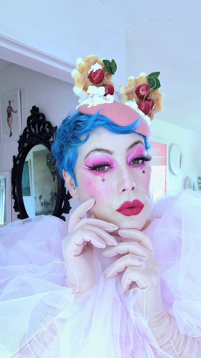 "Mon Vilain" Cherries & Cream Waffle Ear Food Fascinator Hat