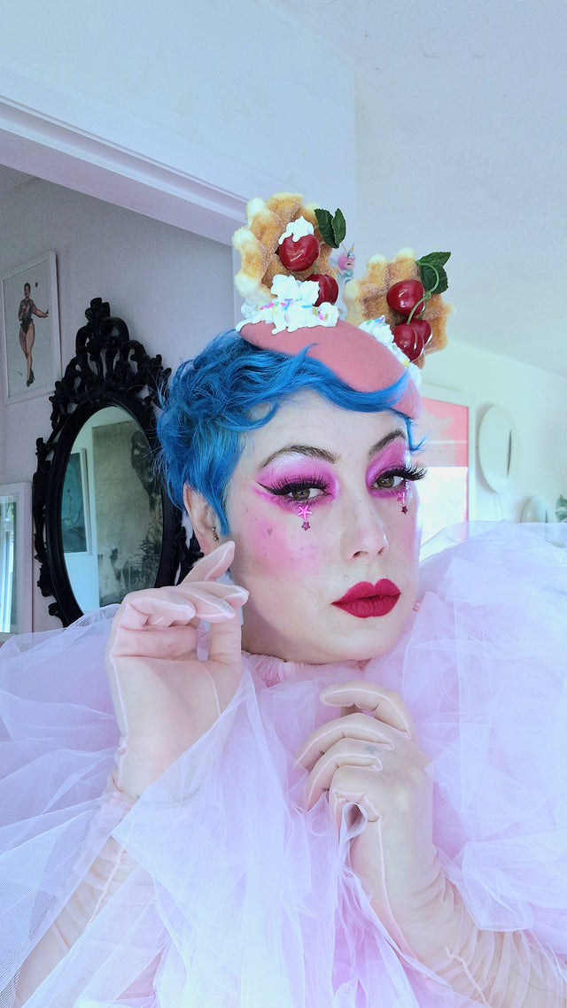 "Mon Vilain" Cherries & Cream Waffle Ear Food Fascinator Hat