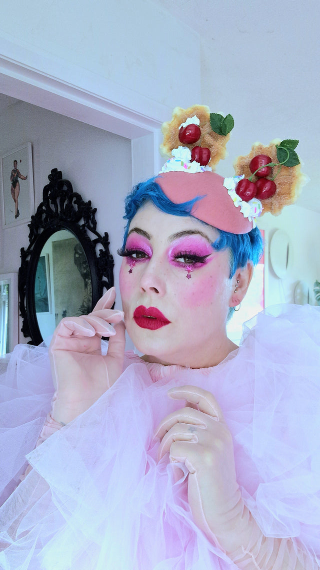 "Mon Vilain" Cherries & Cream Waffle Ear Food Fascinator Hat