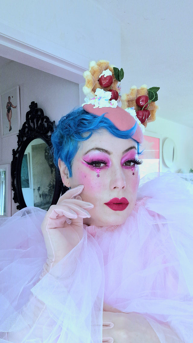 "Mon Vilain" Cherries & Cream Waffle Ear Food Fascinator Hat