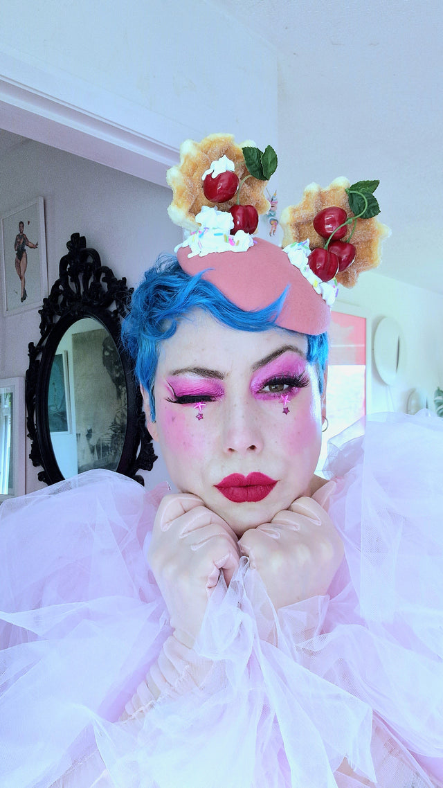 "Mon Vilain" Cherries & Cream Waffle Ear Food Fascinator Hat