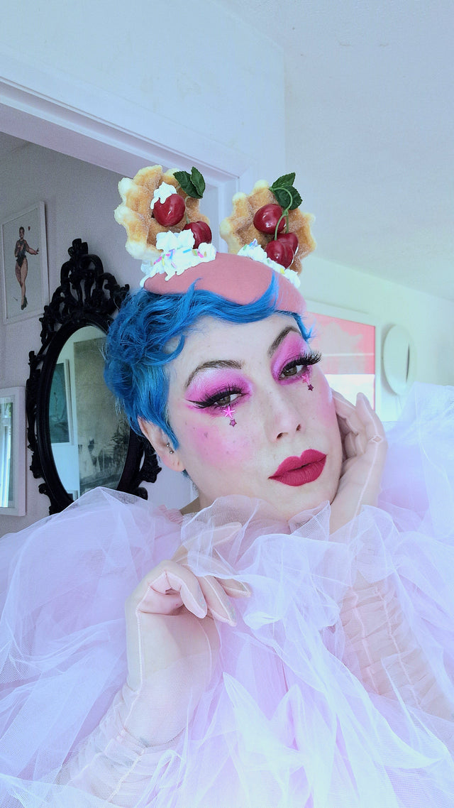 "Mon Vilain" Cherries & Cream Waffle Ear Food Fascinator Hat