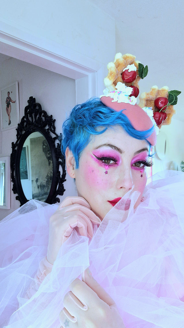 "Mon Vilain" Cherries & Cream Waffle Ear Food Fascinator Hat