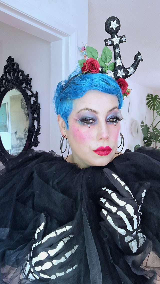 "Umiko" Black Anchor with Red Roses Headpiece