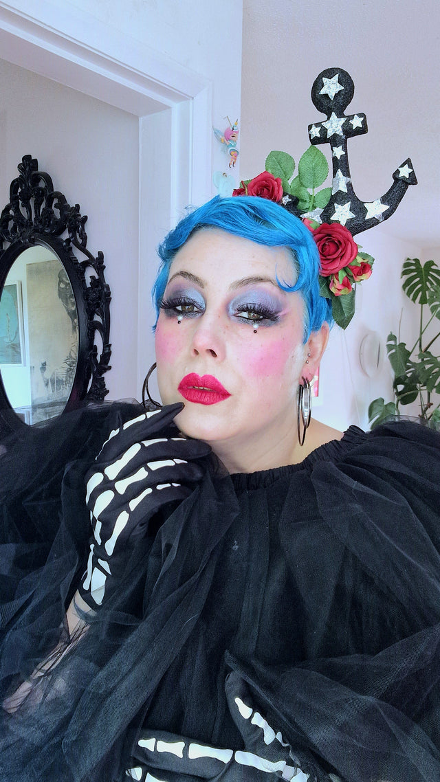 "Umiko" Black Anchor with Red Roses Headpiece