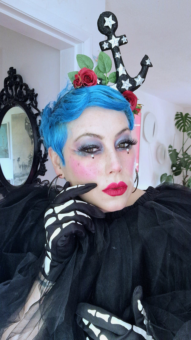 "Umiko" Black Anchor with Red Roses Headpiece