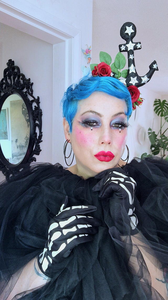 "Umiko" Black Anchor with Red Roses Headpiece