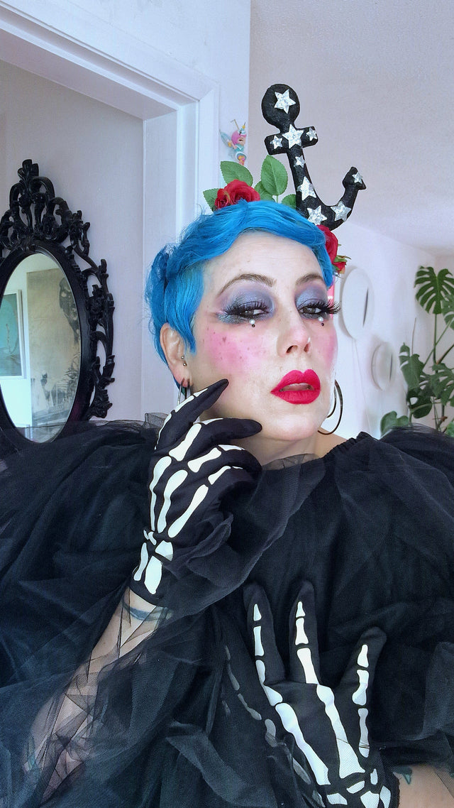 "Umiko" Black Anchor with Red Roses Headpiece