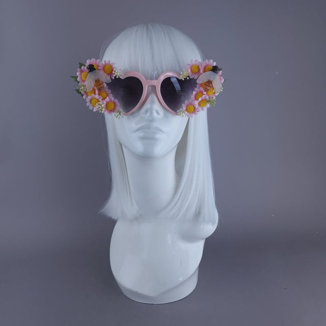 "Twiggy" Pink Flower & Bees Heart Shaped Sunglasses