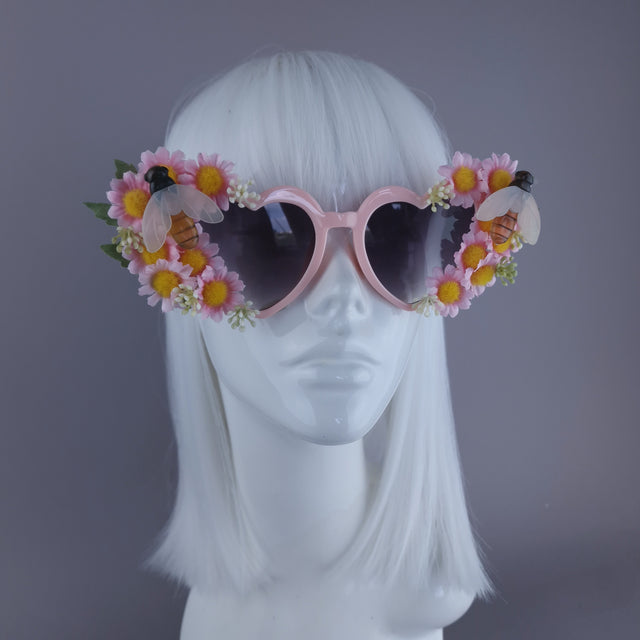 "Twiggy" Pink Flower & Bees Heart Shaped Sunglasses