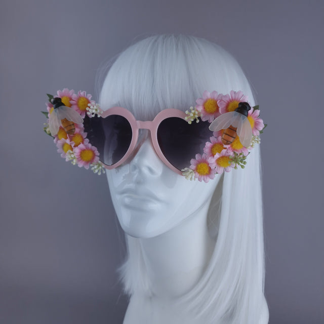 "Twiggy" Pink Flower & Bees Heart Shaped Sunglasses