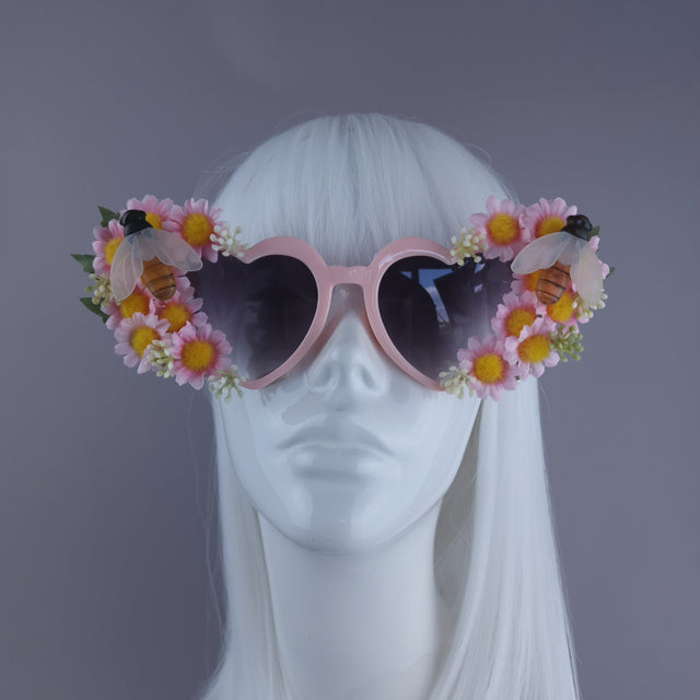 "Twiggy" Pink Flower & Bees Heart Shaped Sunglasses