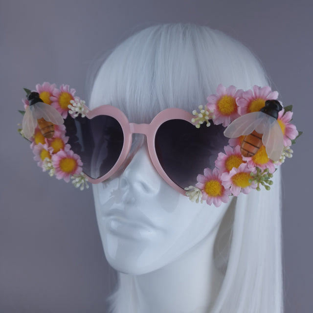 "Twiggy" Pink Flower & Bees Heart Shaped Sunglasses