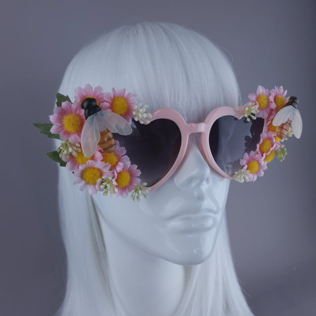 "Twiggy" Pink Flower & Bees Heart Shaped Sunglasses