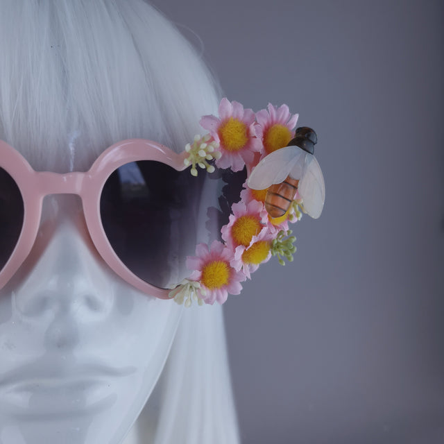 "Twiggy" Pink Flower & Bees Heart Shaped Sunglasses