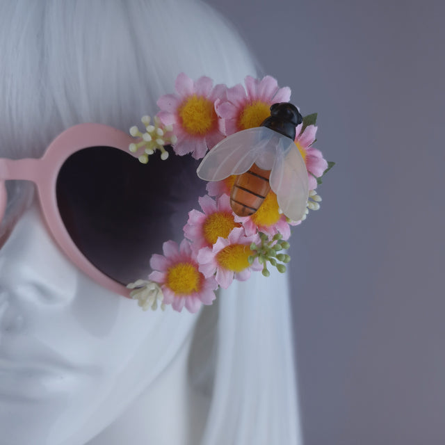 "Twiggy" Pink Flower & Bees Heart Shaped Sunglasses